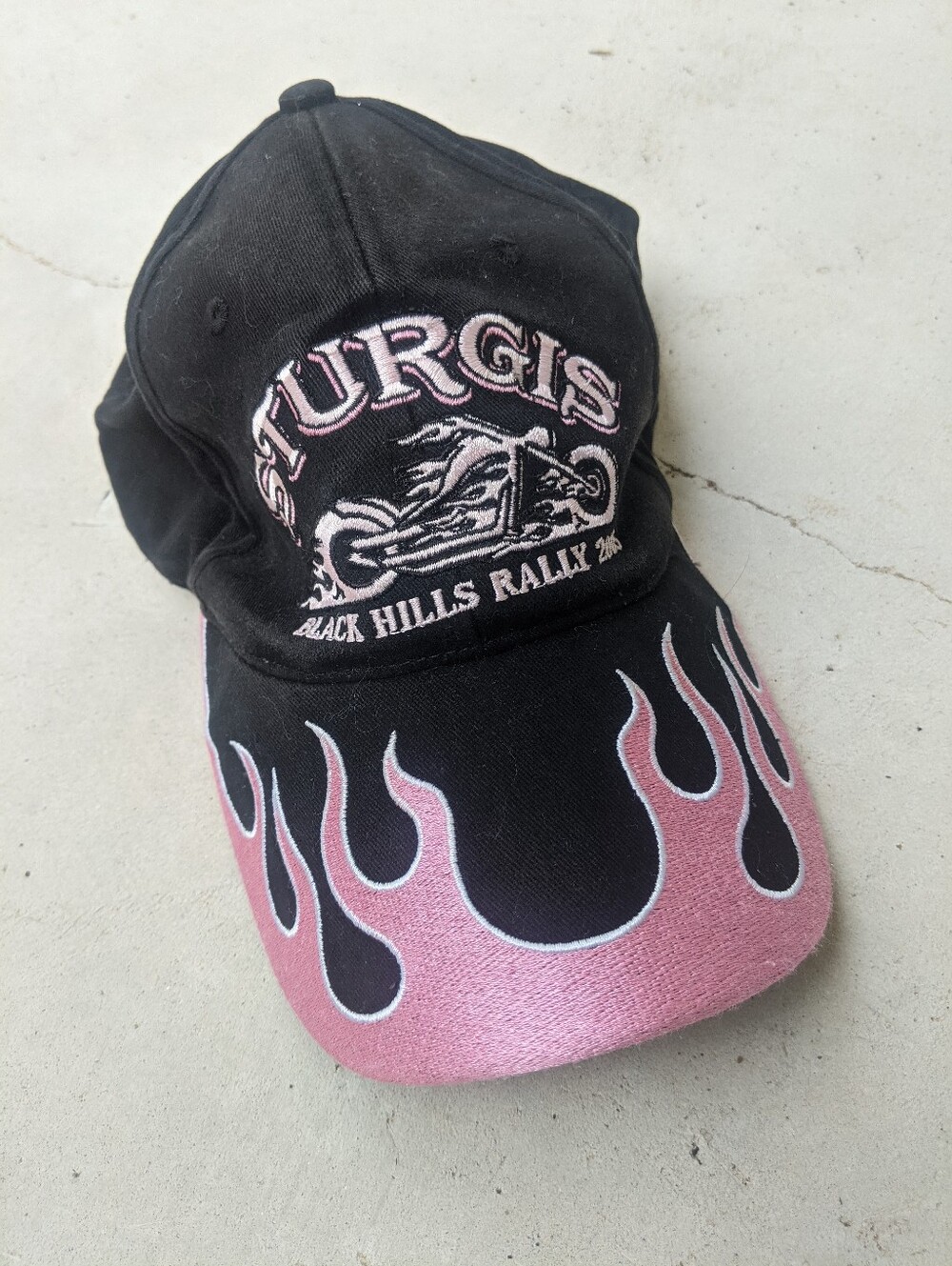 Vintage y2k 2005 Sturgis black + pink flame biker cap